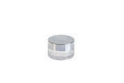 30ml round glass cream jar with aluminum silver cap with inner lid and a plastic sealing disc on the jar.