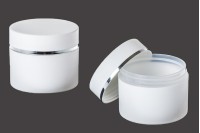 Pot en plastique blanc mat de 250 ml avec bande argentée et doublure intérieure sur le couvercle - 6 pcs
