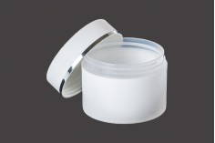 Βάζο πλαστικό λευκό ΜΑΤ 250ml με ασημί ρίγα και εσωτερικό liner στο καπάκι - 6 τμχ