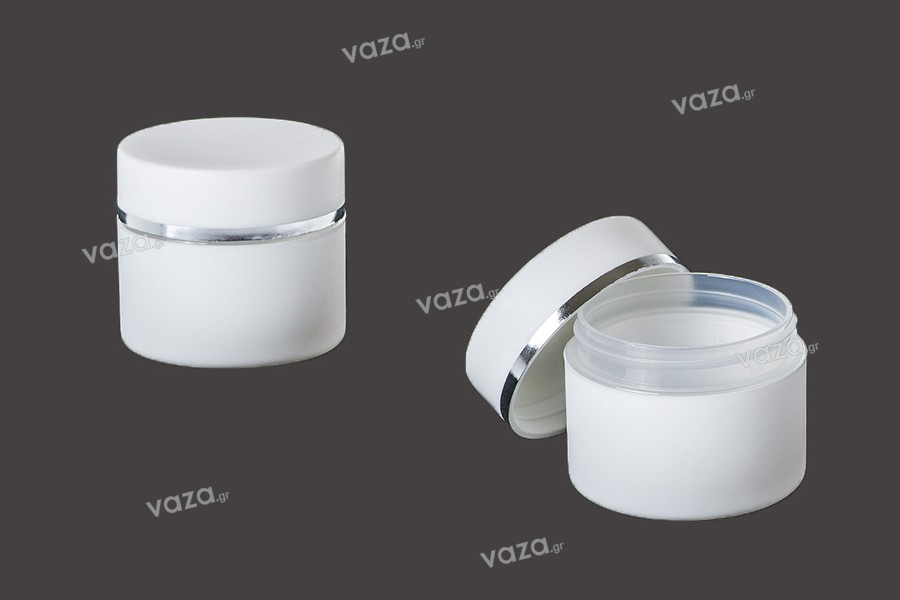 Βάζο πλαστικό λευκό ΜΑΤ 50ml με ασημί ρίγα και εσωτερικό liner στο καπάκι