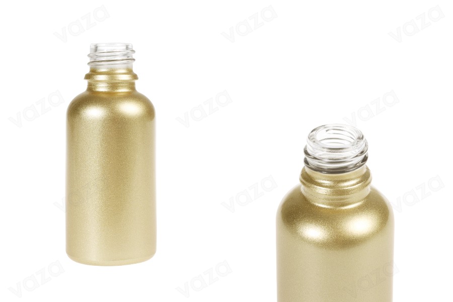Glasflasche für ätherische Öle, 30 ml, glänzend goldfarben, mit PP18-Ausgießer Glasflasche für ätherische Öle, 30 ml, glänzend goldfarben, mit PP18-Ausgießer-produktbild
