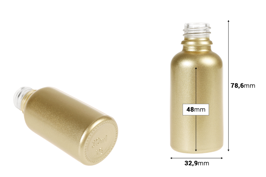 Shishe qelqi për vajra esencialë 30 ml ngjyrë ari me shkëlqim me grykë PP18 Shishe qelqi për vajra esencialë 30 ml ngjyrë ari me shkëlqim me grykë PP18-imazh_dimensione