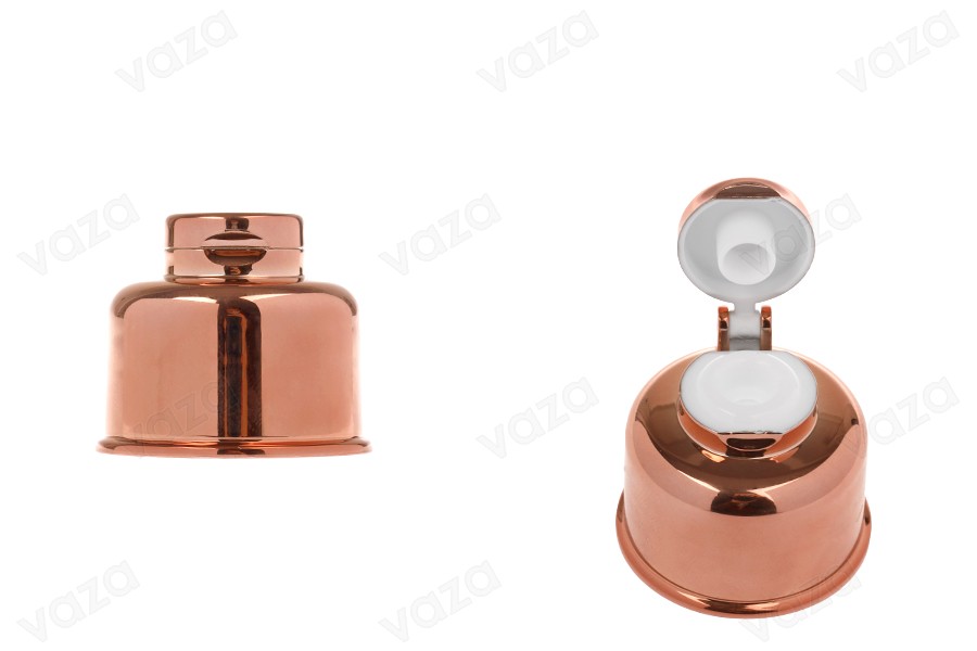 Kapak plastik flip top PP28 me veshje alumini në ngjyrë bronzi Kapak plastik flip top PP28 me veshje alumini në ngjyrë bronzi -imazh_produkt