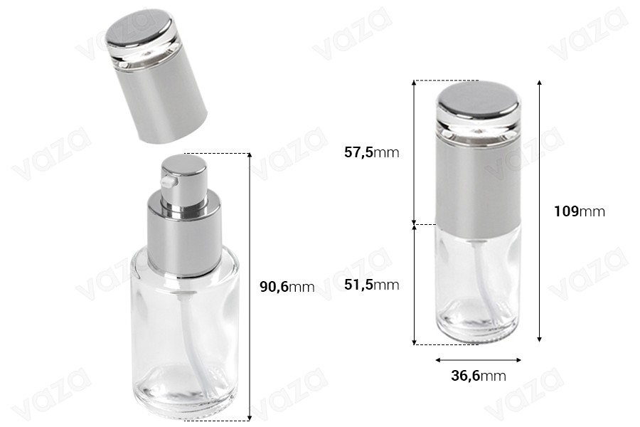Flacon de 30ml en verre transparent avec pompe argentée et bouchon Flacon de 30ml en verre transparent avec pompe argentée et bouchon-photo_dimensions