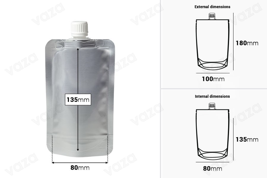 200 ml Doypack aluminum bags (flask) with white safety cap  - 50 pcs-εικόνα_διαστάσεις