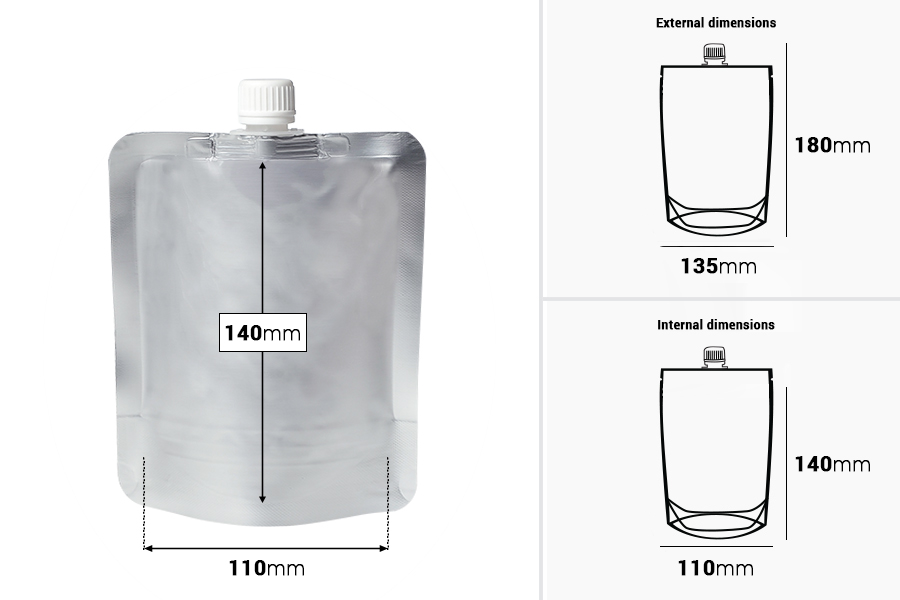 Aluminum Doypack stand-up spout pouch, 300 ml with a white cap  - 50 pcs-image_dimensions