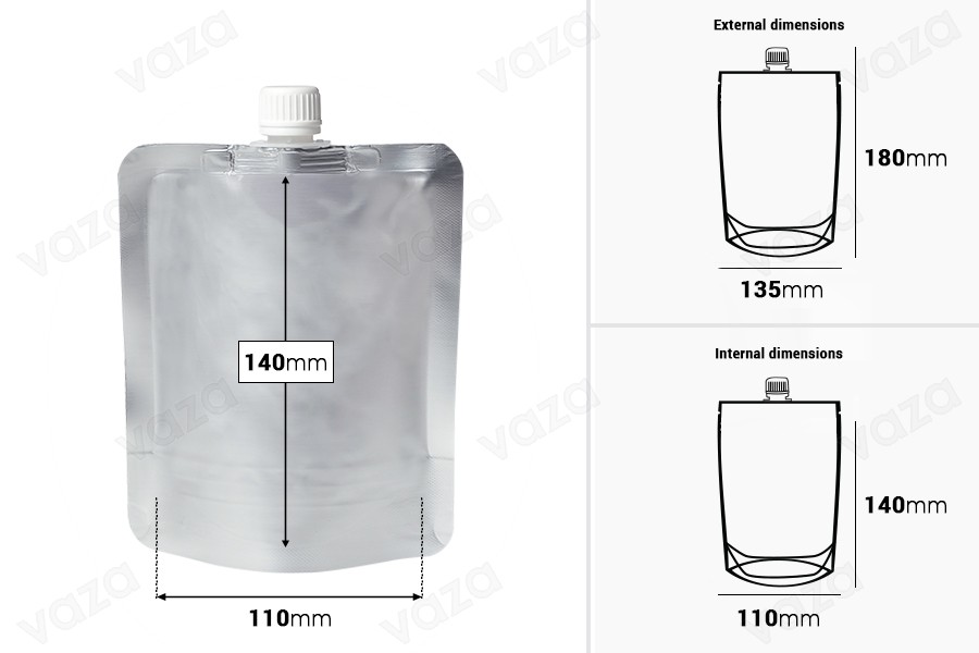 Συσκευασία (ασκός) αλουμινίου τύπου Doy Pack 300 ml με λευκό καπάκι ασφαλείας - 50 τμχ-εικόνα_διαστάσεις