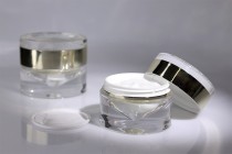 Barattolo di lusso in acrilico a doppio fondo trasparente e color oro da 50 ml per crema, con coperchio in acrilico e guarnizione in plastica Barattolo di lusso in acrilico a doppio fondo trasparente e color oro da 50 ml per crema, con coperchio in acrilico e guarnizione in plastica