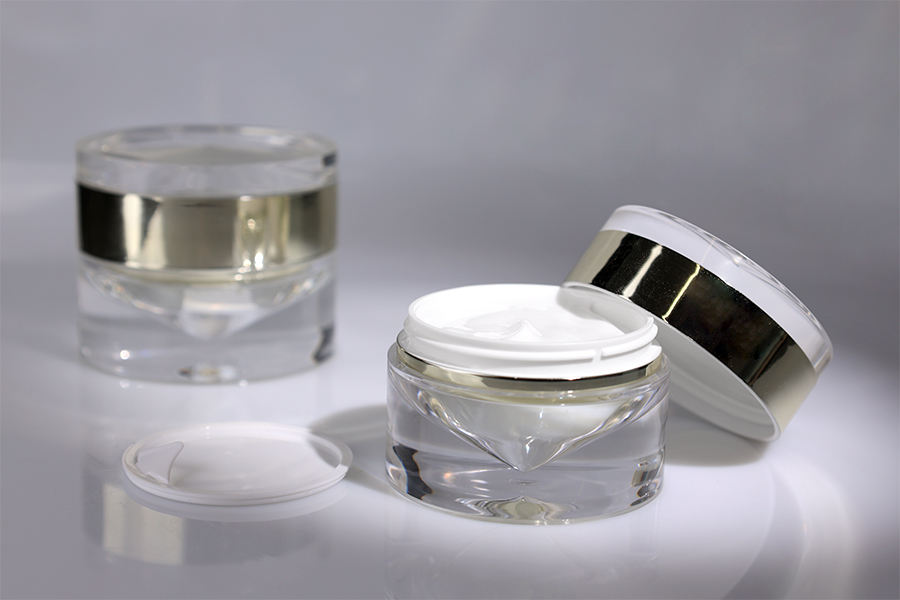 Barattolo di lusso in acrilico a doppio fondo trasparente e color oro da 50 ml per crema, con coperchio in acrilico e guarnizione in plastica Barattolo di lusso in acrilico a doppio fondo trasparente e color oro da 50 ml per crema, con coperchio in acrilico e guarnizione in plastica