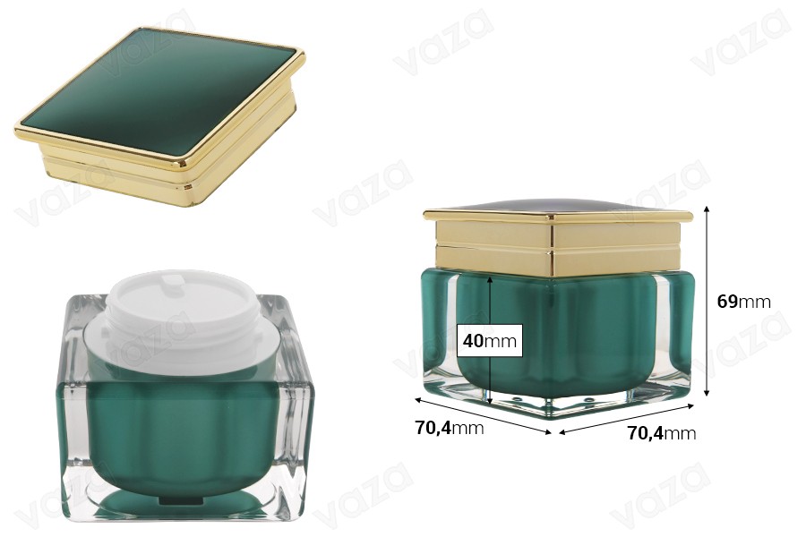 Luxury acrylic jar 50 ml for cream in emerald color with plastic gasket Luxury acrylic jar 50 ml for cream in emerald color with plastic gasket-image_dimensions