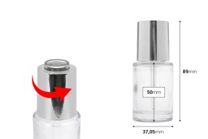 Flacone in vetro trasparente da 30 ml con contagocce argentato con pulsante e sgocciolatoio-εικόνα_διαστάσεις