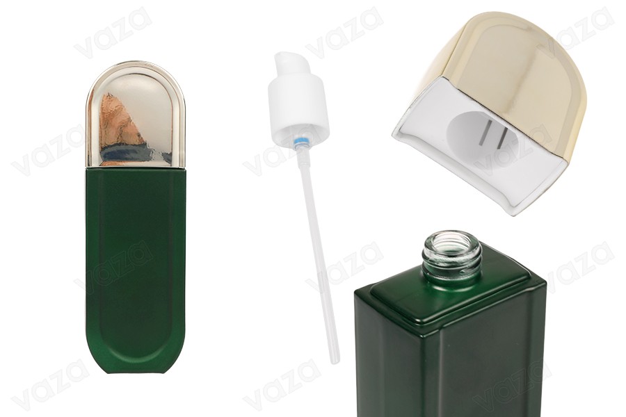 Γυάλινο μπουκάλι 100 ml σε πράσινο ματ χρώμα με λευκή αντλία και χρυσό καπάκι Γυάλινο μπουκάλι 100 ml σε πράσινο ματ χρώμα με λευκή αντλία και χρυσό καπάκι-εικόνα_προϊοντική