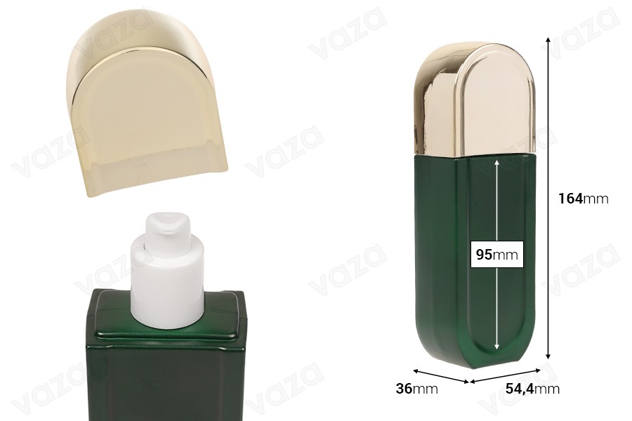 Γυάλινο μπουκάλι 100 ml σε πράσινο ματ χρώμα με λευκή αντλία και χρυσό καπάκι Γυάλινο μπουκάλι 100 ml σε πράσινο ματ χρώμα με λευκή αντλία και χρυσό καπάκι-εικόνα_διαστάσεις