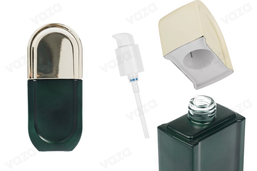 Γυάλινο μπουκάλι 40 ml σε πράσινο ματ χρώμα με λευκή αντλία και χρυσό καπάκι Γυάλινο μπουκάλι 40 ml σε πράσινο ματ χρώμα με λευκή αντλία και χρυσό καπάκι-εικόνα_προϊοντική