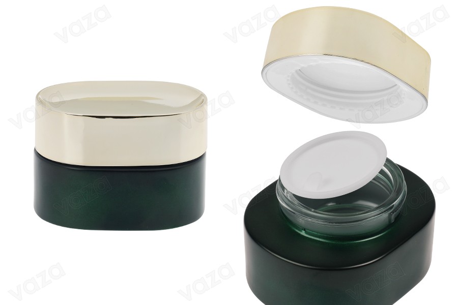 Γυάλινο βάζο 50 ml σε πράσινο ματ χρώμα με χρυσό καπάκι (με εσωτερικό παρέμβυσμα) και πλαστικό παρέμβυσμα-εικόνα_προϊοντική