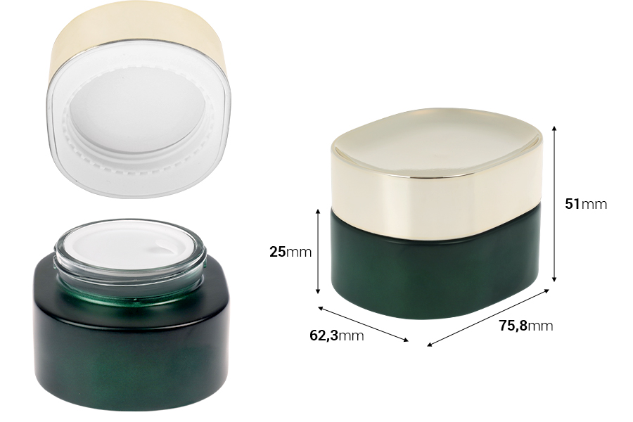 50 ml Glasbehälter in mattgrüner Farbe mit goldenem Deckel (mit Innendichtung) und Kunststoffdichtung-bildabmessungen