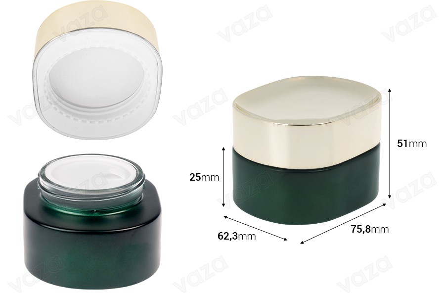 Γυάλινο βάζο 50 ml σε πράσινο ματ χρώμα με χρυσό καπάκι (με εσωτερικό παρέμβυσμα) και πλαστικό παρέμβυσμα-εικόνα_διαστάσεις