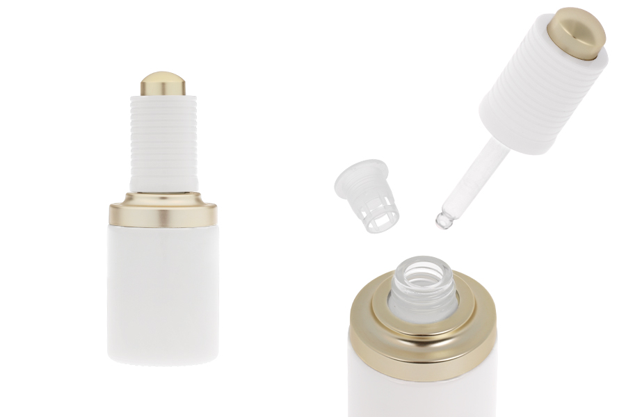 30 ml glass bottle in white color with gold - white dropper with button and drainer 30 ml glass bottle in white color with gold - white dropper with button and drainer-image_product