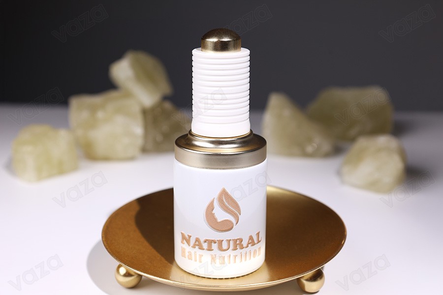 30 ml Glasflasche in Weiß mit goldfarbenem, weißem Tropfer und Knopf 30 ml Glasflasche in Weiß mit goldfarbenem, weißem Tropfer und Knopf-bildgruppe