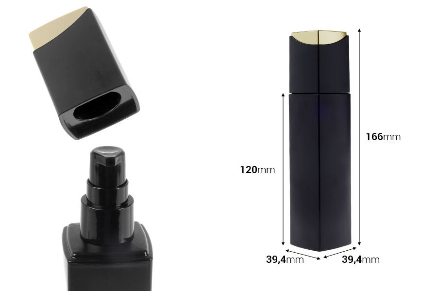 Luxuriöser 100-ml-Glasflakon in Mattschwarz mit cremefarbener Pumpe und speziellem Verschluss-bildabmessungen