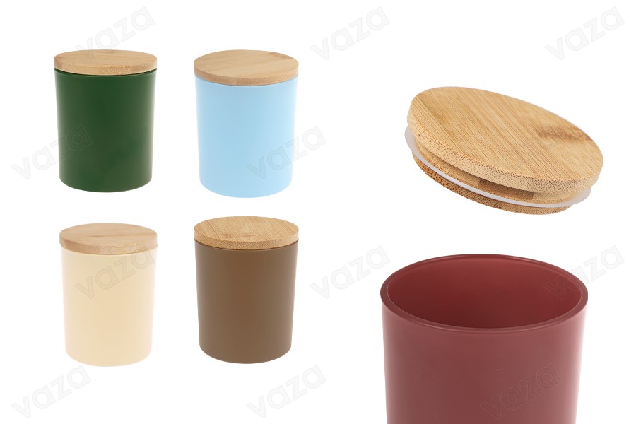 Γυάλινο βάζο 300 ml με bamboo καπάκι και λάστιχο σε διάφορα ματ χρώματα-εικόνα_προϊοντική