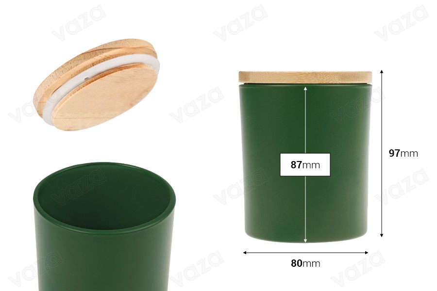 Γυάλινο βάζο 300 ml με bamboo καπάκι και λάστιχο σε διάφορα ματ χρώματα-εικόνα_διαστάσεις