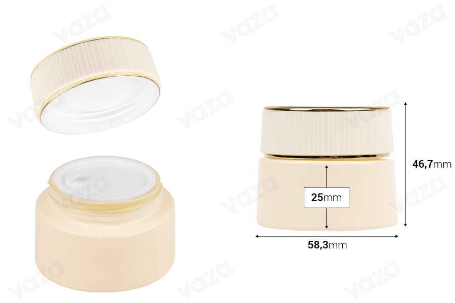 Pot de luxe de 30 ml en verre beige mat pour crème, avec couvercle et joint en plastique. Pot de luxe de 30 ml en verre beige mat pour crème, avec couvercle et joint en plastique.-photo_dimensions