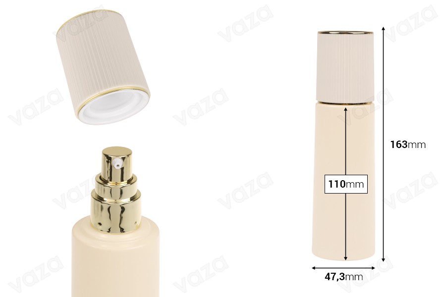 Shishe luksoze prej qelqi mat ngjyrë bezhë 100 ml me kapak dhe pompë kremi të artë Shishe luksoze prej qelqi mat ngjyrë bezhë 100 ml me kapak dhe pompë kremi të artë-imazh_dimensione