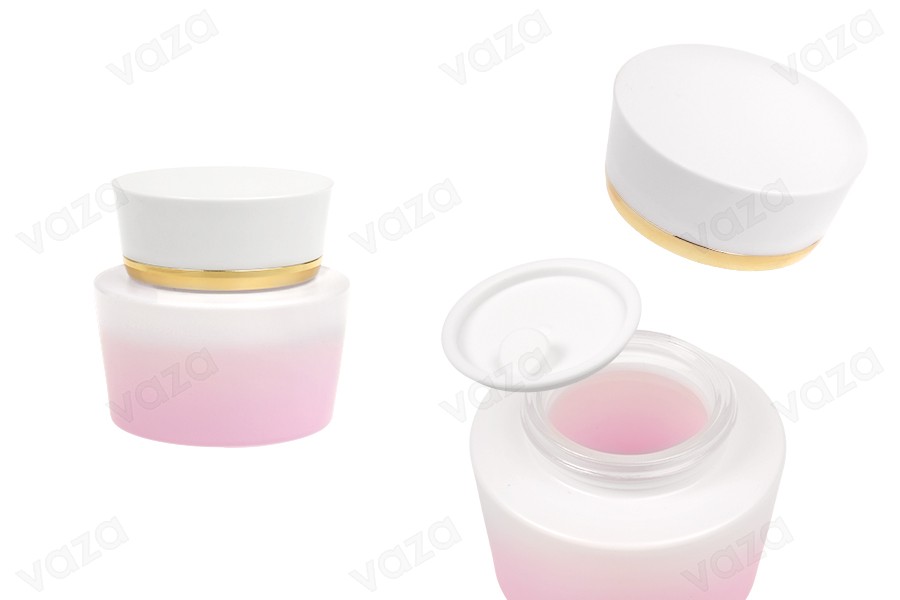 Γυάλινο βάζο πολυτελείας 50 ml σε μωβ λευκό χρώμα για κρέμα με ακρυλικό καπάκι και πλαστικό παρέμβυσμα Γυάλινο βάζο πολυτελείας 50 ml σε μωβ λευκό χρώμα για κρέμα με ακρυλικό καπάκι και πλαστικό παρέμβυσμα-εικόνα_προϊοντική