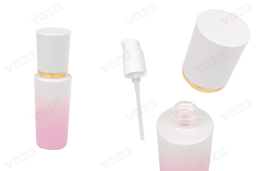 Γυάλινο μπουκάλι πολυτελείας 30 ml σε μωβ λευκό χρώμα με αντλία κρέμας και ακρυλικό καπάκι Γυάλινο μπουκάλι πολυτελείας 30 ml σε μωβ λευκό χρώμα με αντλία κρέμας και ακρυλικό καπάκι-εικόνα_προϊοντική