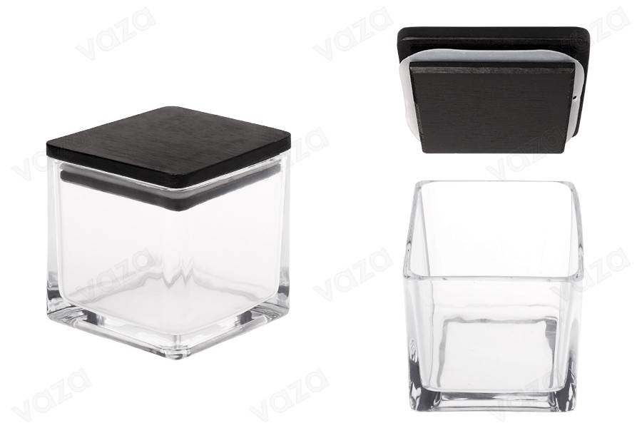 Dekorative quadratische Glasvase, 320 ml, 80 x 80 x 80 mm, mit Holzdeckel für Kerzen Dekorative quadratische Glasvase, 320 ml, 80 x 80 x 80 mm, mit Holzdeckel für Kerzen-produktbild