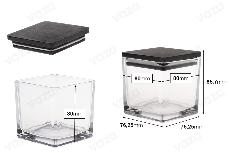 Dekorative quadratische Glasvase, 320 ml, 80 x 80 x 80 mm, mit Holzdeckel für Kerzen Dekorative quadratische Glasvase, 320 ml, 80 x 80 x 80 mm, mit Holzdeckel für Kerzen-bildabmessungen