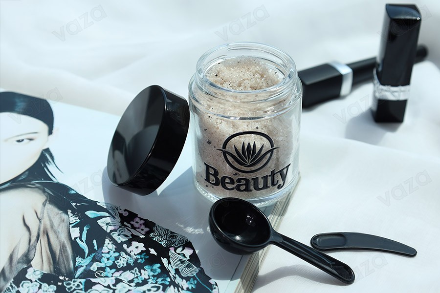 Glasbehälter 100ml transparent mit schwarzem Kunststoffdeckel (und Innensiegel auf dem Deckel) Glasbehälter 100ml transparent mit schwarzem Kunststoffdeckel (und Innensiegel auf dem Deckel)-bildgruppe