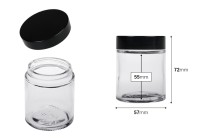 Βαζάκι γυάλινο 100 ml διάφανο με πλαστικό μαύρο καπάκι (και εσωτερικό παρέμβυσμα στο καπάκι) Βαζάκι γυάλινο 100 ml διάφανο με πλαστικό μαύρο καπάκι (και εσωτερικό παρέμβυσμα στο καπάκι)-εικόνα_διαστάσεις
