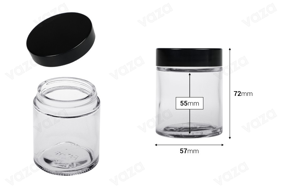 Βαζάκι γυάλινο 100 ml διάφανο με πλαστικό μαύρο καπάκι (και εσωτερικό παρέμβυσμα στο καπάκι) Βαζάκι γυάλινο 100 ml διάφανο με πλαστικό μαύρο καπάκι (και εσωτερικό παρέμβυσμα στο καπάκι)-εικόνα_διαστάσεις
