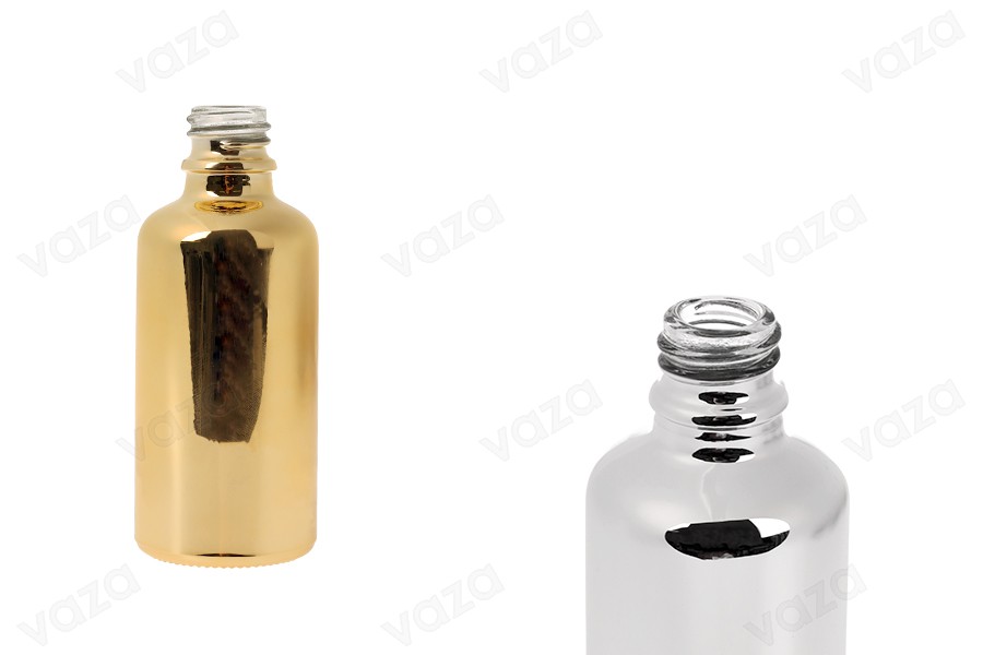 Flacon en verre pour huiles essentielles de 50 ml avec bec verseur en PP18, couleur or ou argent.-photo_produit