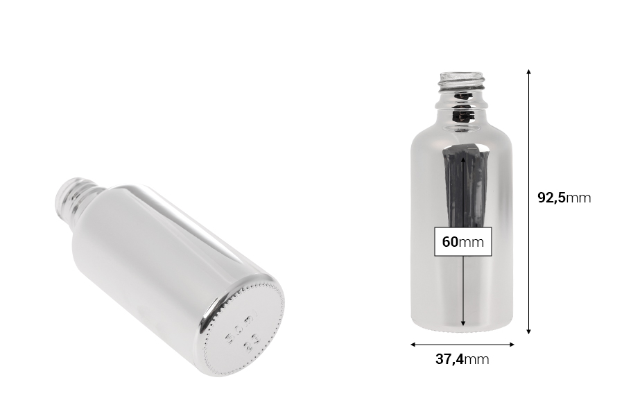 Glass bottle for essential oils 50 ml with PP18 neck in gold or silver color-image_dimensions