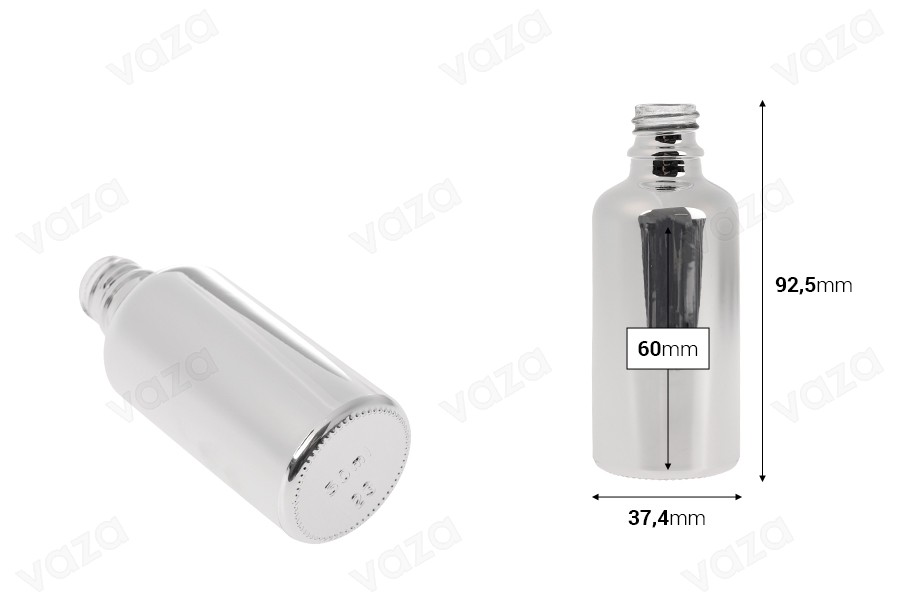 Flacon en verre pour huiles essentielles de 50 ml avec bec verseur en PP18, couleur or ou argent.-photo_dimensions