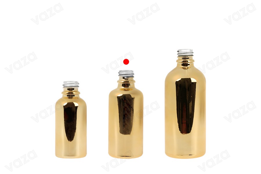 Flacon en verre pour huiles essentielles de 50 ml avec bec verseur en PP18, couleur or ou argent.-photo_groupe