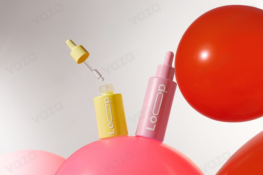 Γυάλινο μπουκαλάκι 100 ml με σταγονόμετρο σε ΜΑΤ παστέλ χρώματα και αποστραγγιστήρα-εικόνα_σύνθεση