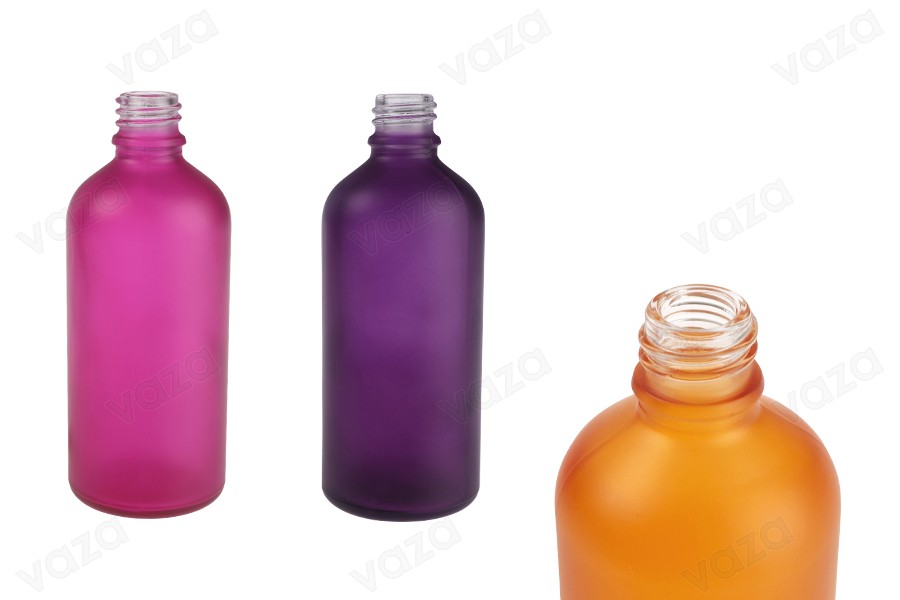 Γυάλινο μπουκαλάκι για αιθέρια έλαια 100 ml με στόμιο PP18 σε διάφορα χρώματα αμμοβολής Γυάλινο μπουκαλάκι για αιθέρια έλαια 100 ml με στόμιο PP18 σε διάφορα χρώματα αμμοβολής-εικόνα_προϊοντική