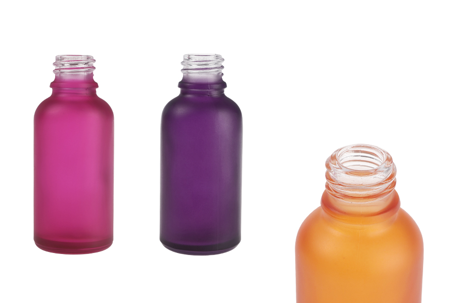 Flacon en verre pour huiles essentielles 30 ml avec col PP18 en différentes couleurs givrées