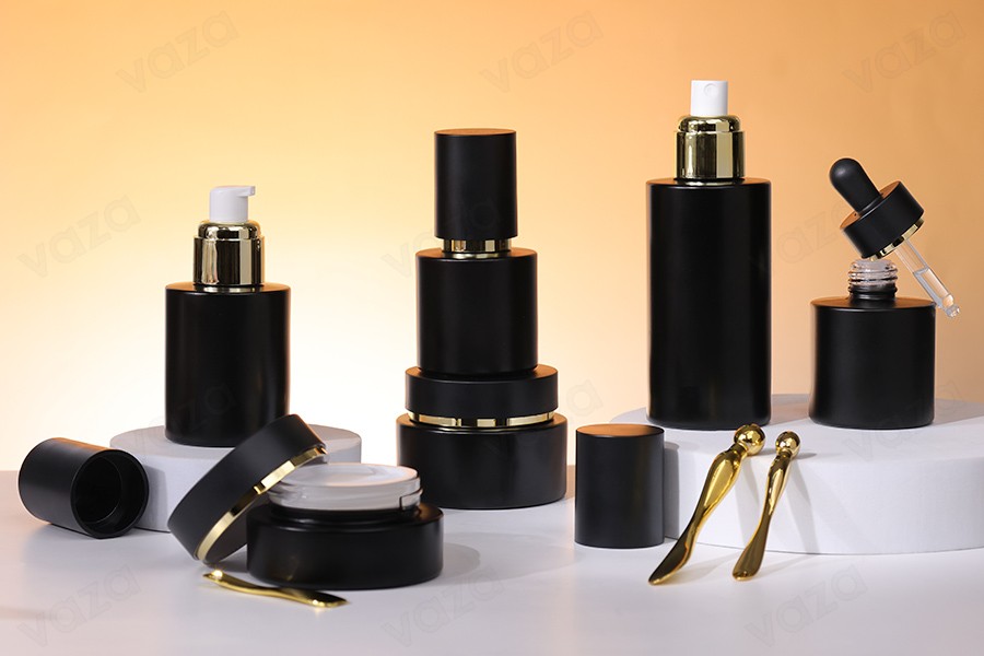 Mattschwarzes Glasgefäß, 30 ml, mit mattschwarzem Deckel (mit Innendichtung) und Kunststoffdichtung Mattschwarzes Glasgefäß, 30 ml, mit mattschwarzem Deckel (mit Innendichtung) und Kunststoffdichtung-bildgruppe