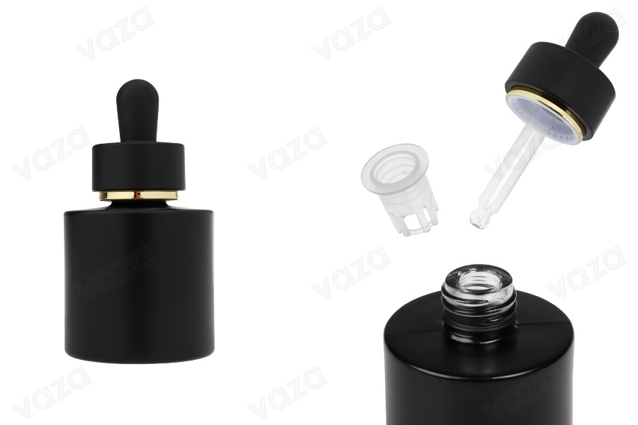 Shishe qelqi e zezë mat 30 ml me pikatore të zezë mat me vijë të artë dhe kullues         -imazh_produkt
