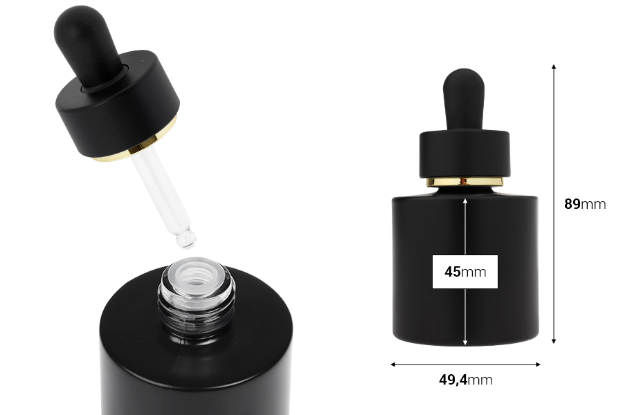 Flacon en verre noir mat de 30 ml avec compte-gouttes noir mat orné d'une bande dorée Flacon en verre noir mat de 30 ml avec compte-gouttes noir mat orné d'une bande dorée-photo_dimensions
