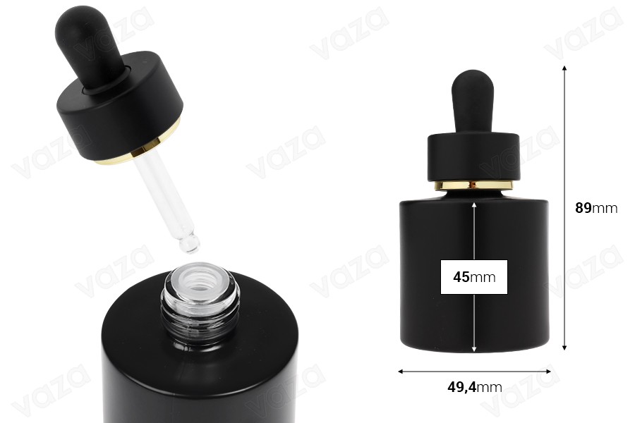 Shishe qelqi e zezë mat 30 ml me pikatore të zezë mat me vijë të artë dhe kullues         -imazh_dimensione