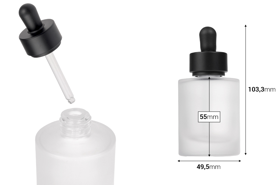 Flacon en verre de 50 ml avec compte-gouttes noir mat-photo_dimensions