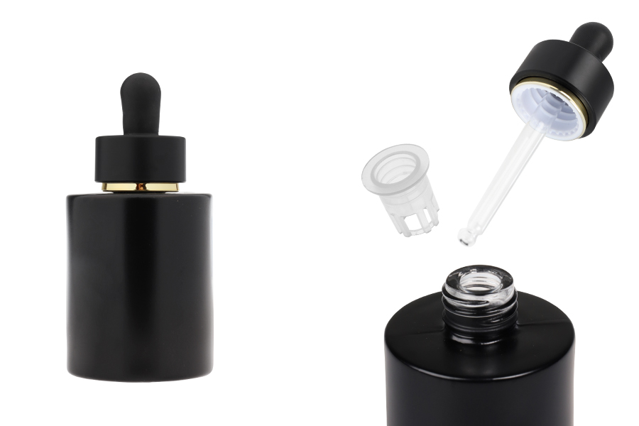 Γυάλινο μαύρο ματ μπουκαλάκι 50 ml με μαύρο ματ σταγονόμετρο με χρυσή ρίγα  και αποστραγγιστήρα-εικόνα_προϊοντική