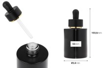 Γυάλινο μαύρο ματ μπουκαλάκι 50 ml με μαύρο ματ σταγονόμετρο με χρυσή ρίγα  και αποστραγγιστήρα-εικόνα_διαστάσεις