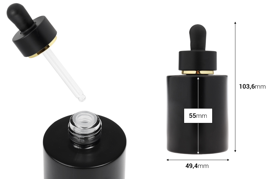 Γυάλινο μαύρο ματ μπουκαλάκι 50 ml με μαύρο ματ σταγονόμετρο με χρυσή ρίγα  και αποστραγγιστήρα-εικόνα_διαστάσεις